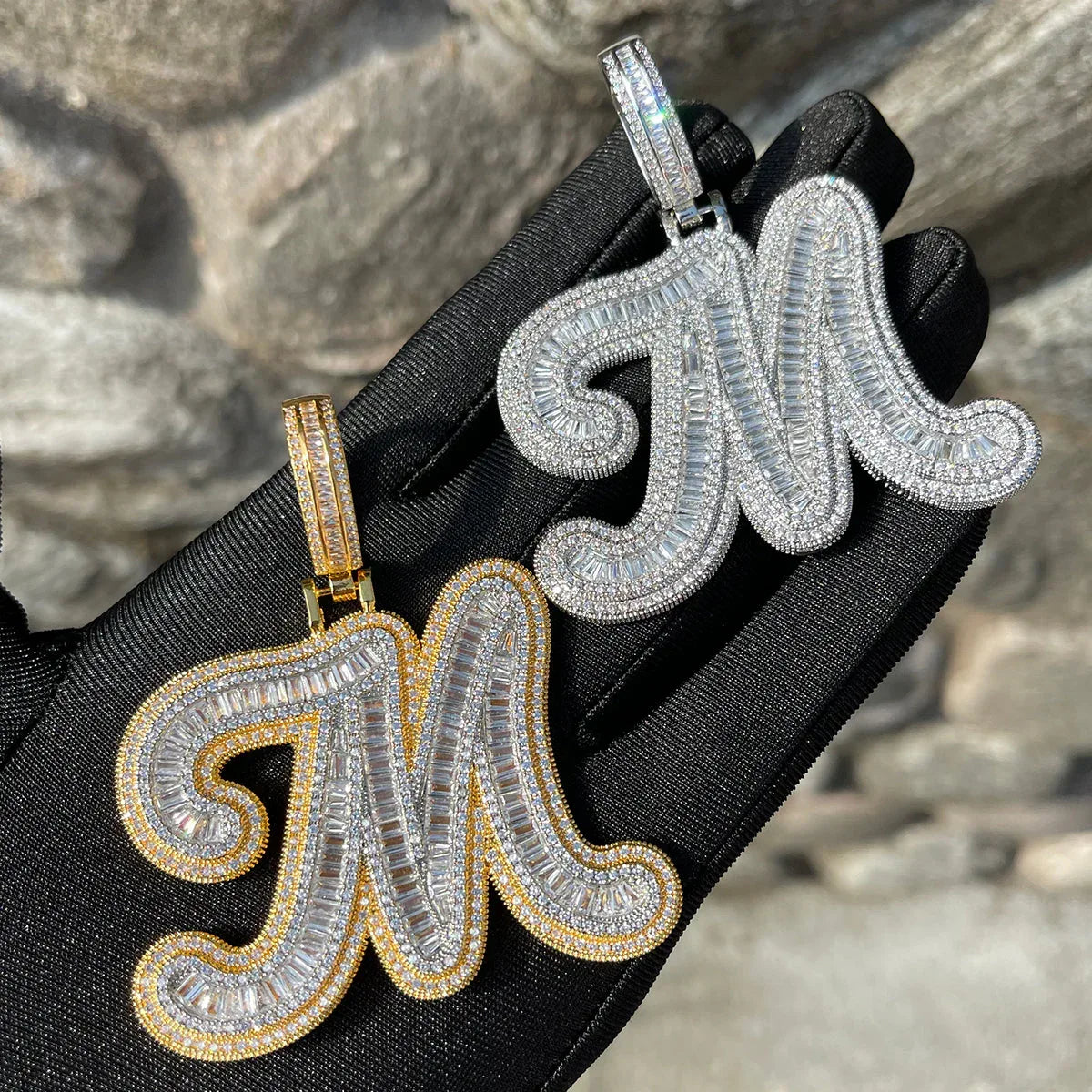Two Layers Baguette Iced Out Initial Custom Name Necklace Pendant - Luxury Custom Jewelry - CaratixJewelry